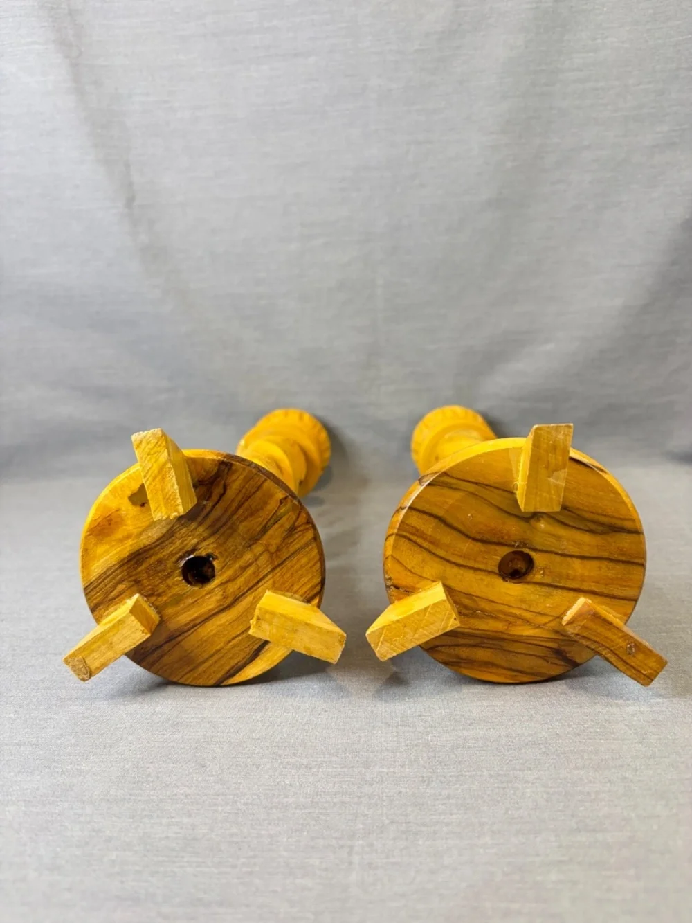Olive Wood Candlestick Pair Hollow Spiral Barley Twist Hand Carved Bethlehem